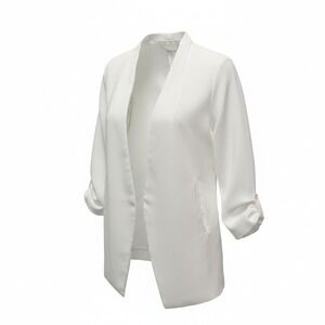 Tahari Blazer Women Small White Excellent Ruched 3/4 Sleeve Open Front Longline